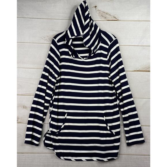 MARKET & SPRUCE Top Sz XL Blue Striped Hooded Long Sleeve Rayon Knit Top Pocket - Picture 1 of 9
